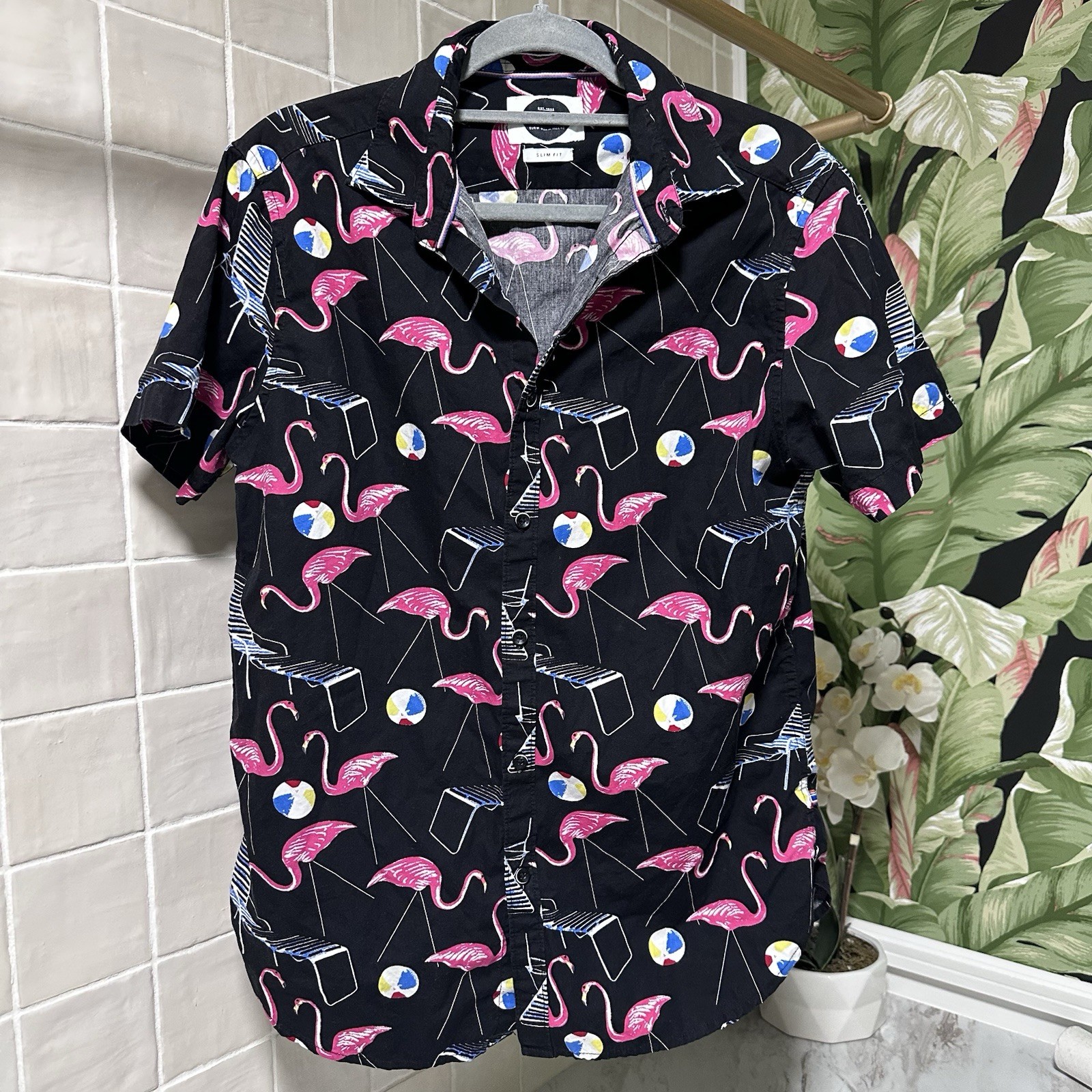 Denim & Flower black flamingo button up shirt Size M