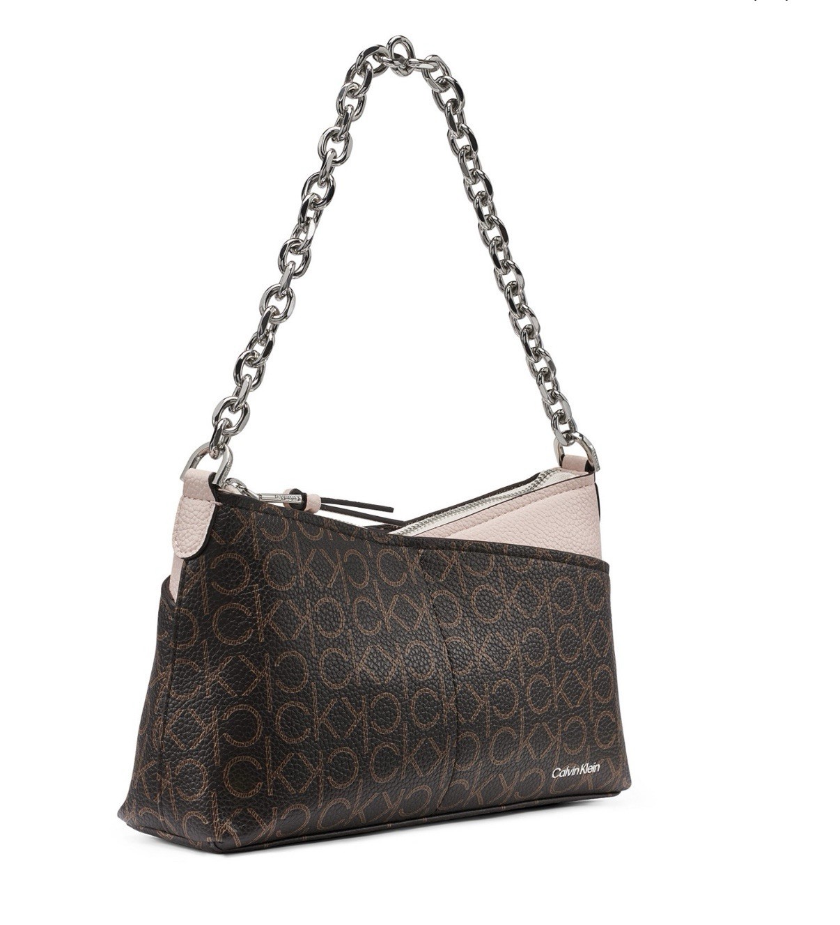 Calvin Klein Monogram Shoulder Bag Brown/Beige Zip Closure Chain Strap