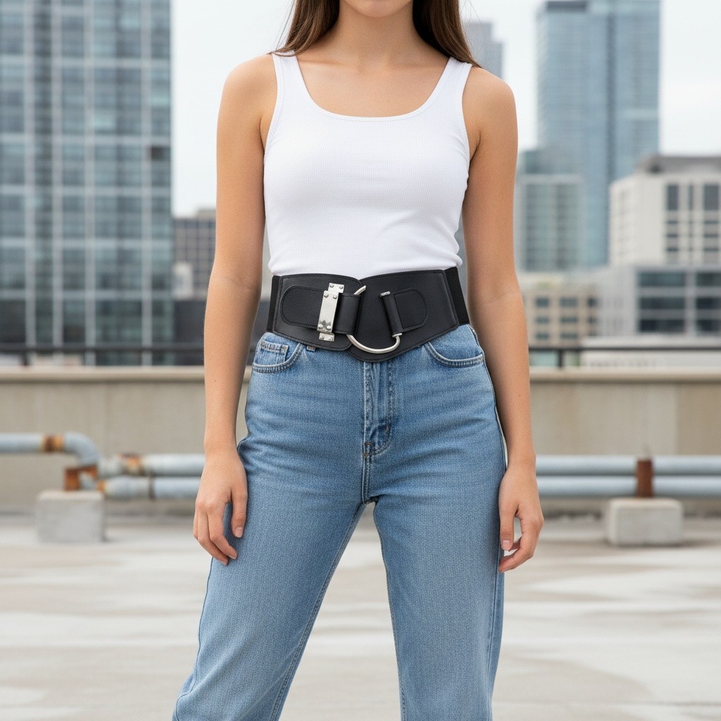 Women Black Wide Elastic Fashion Hip Waist Belt SILVER Metal Hook Buckle Fit S M