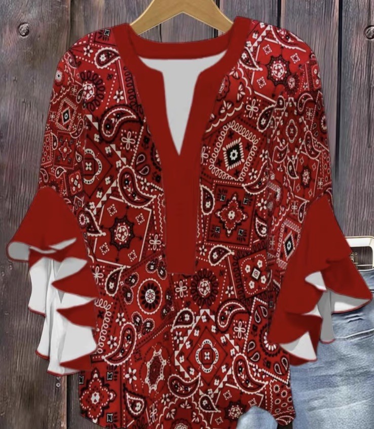 2XL Red Paisley Bohemian Tunic Blouse with Ruffle Bell Long Sleeves for Women