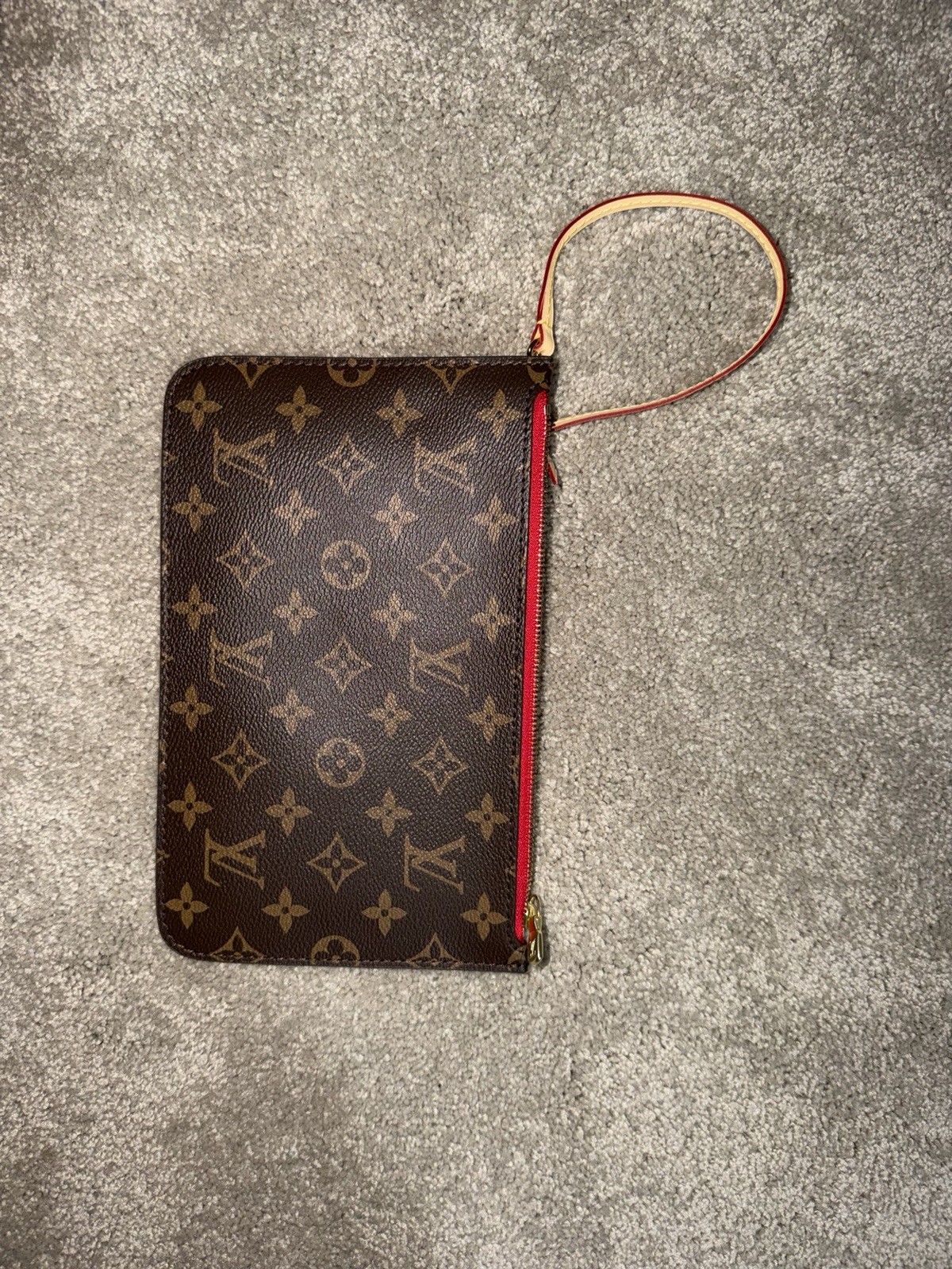Louis Vuitton Monogram Wristlet Zip Pouch Brown/Red Lined Gold Hardware