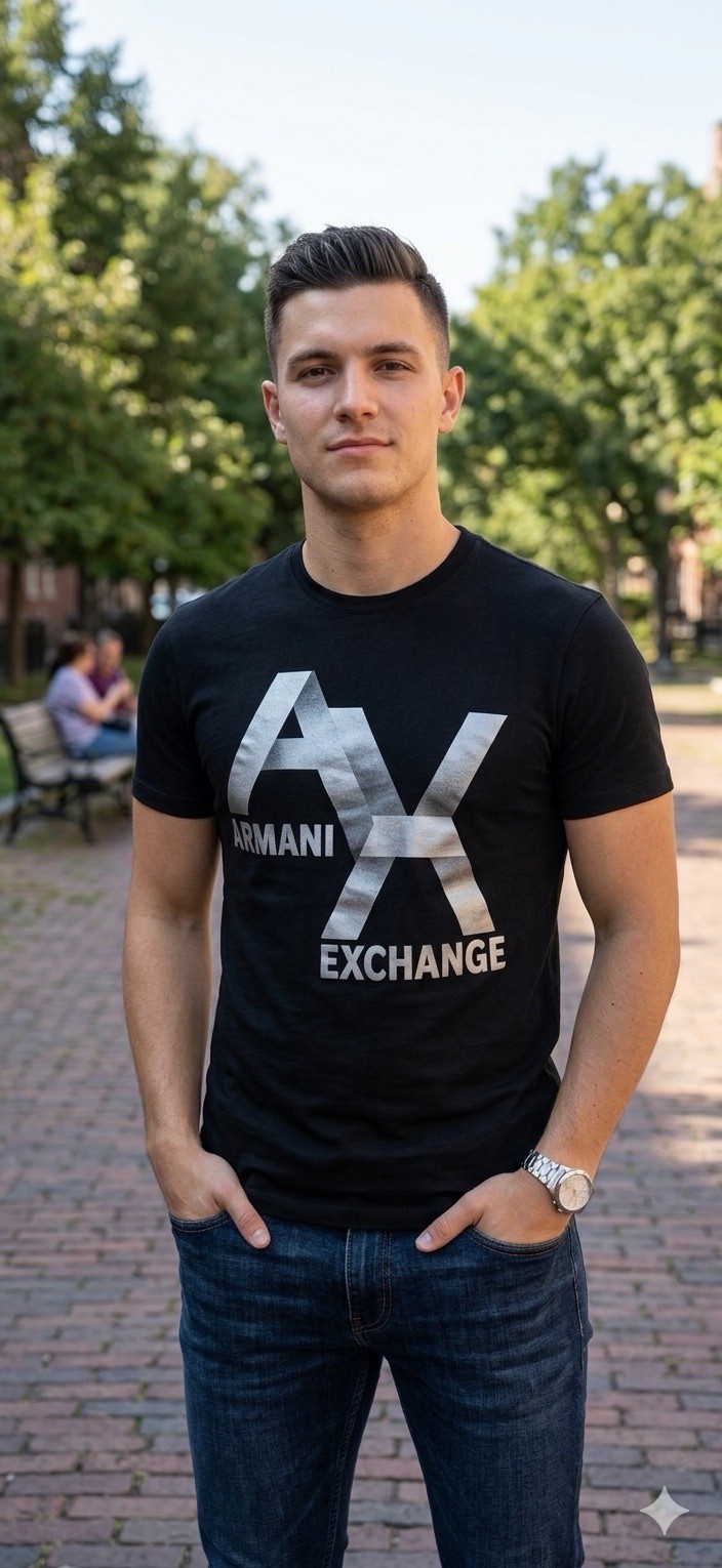 ARMANI EXCHANGE Black Silver AX LOGO Short Sleeve Slim Fit Designer T-shirt NWT