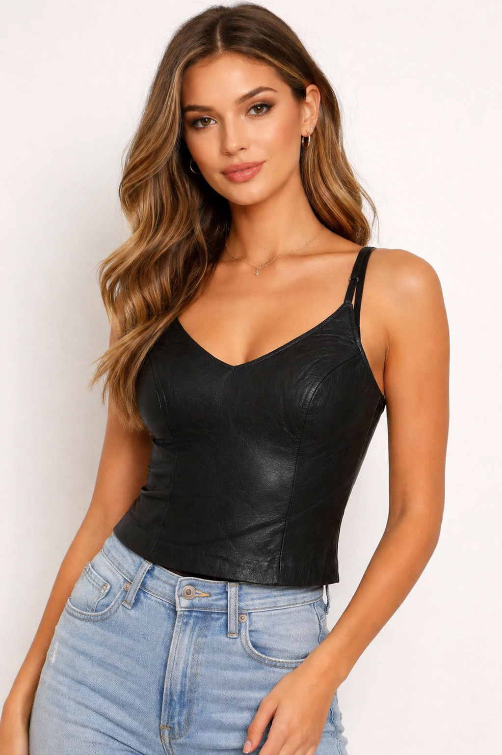 Women’s Genuine Lambskin Black Leather Halter Top — Fitted, Soft & Elegant