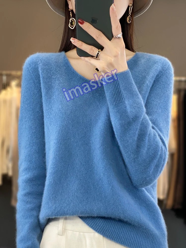Women’s V-neck Pullover Sweater Knitwear Soft Warm Cashmere Loose Grace Style
