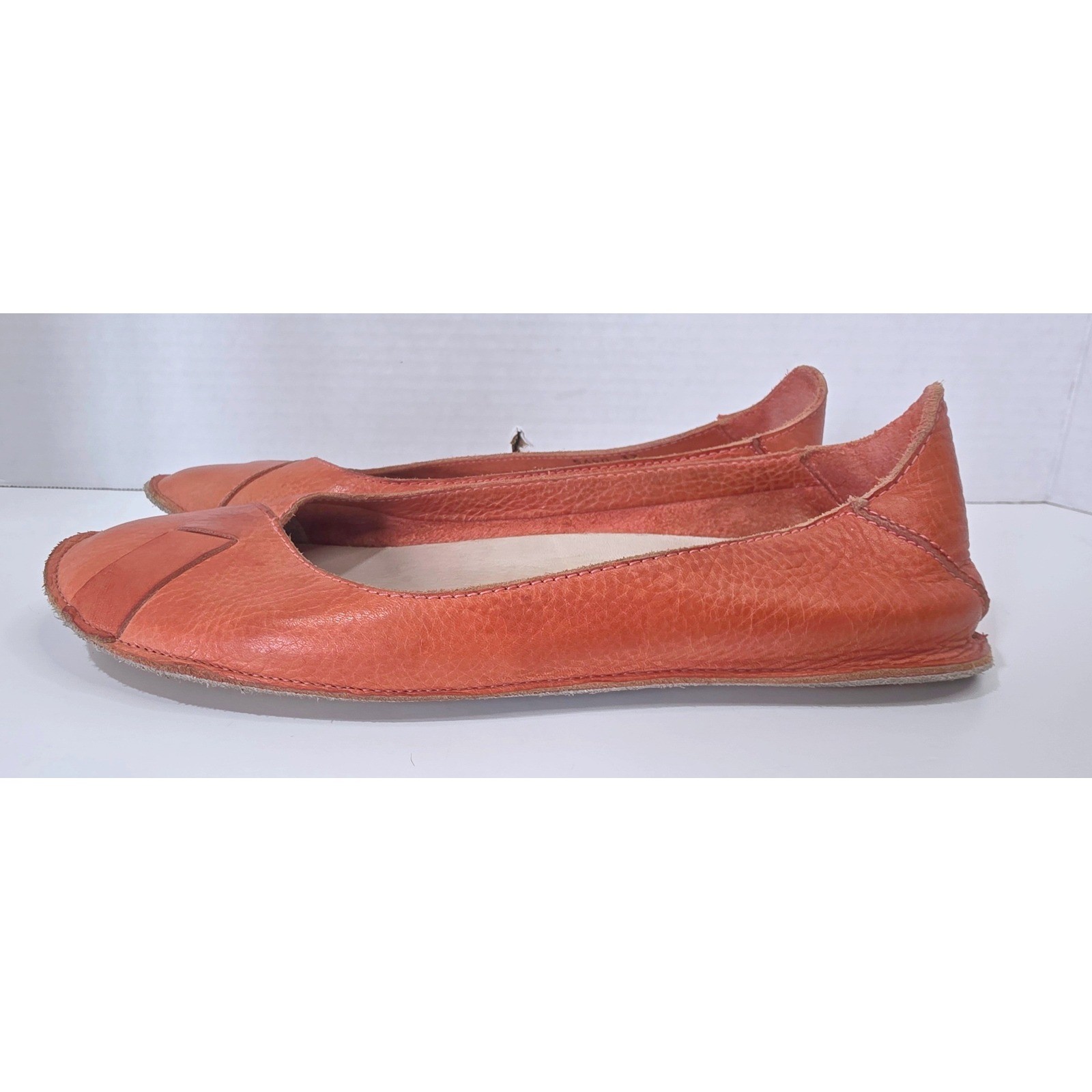 Vialis Coral Orange Leather Ballet Flats Handmade Artisan Spanish Shoes SZ 37