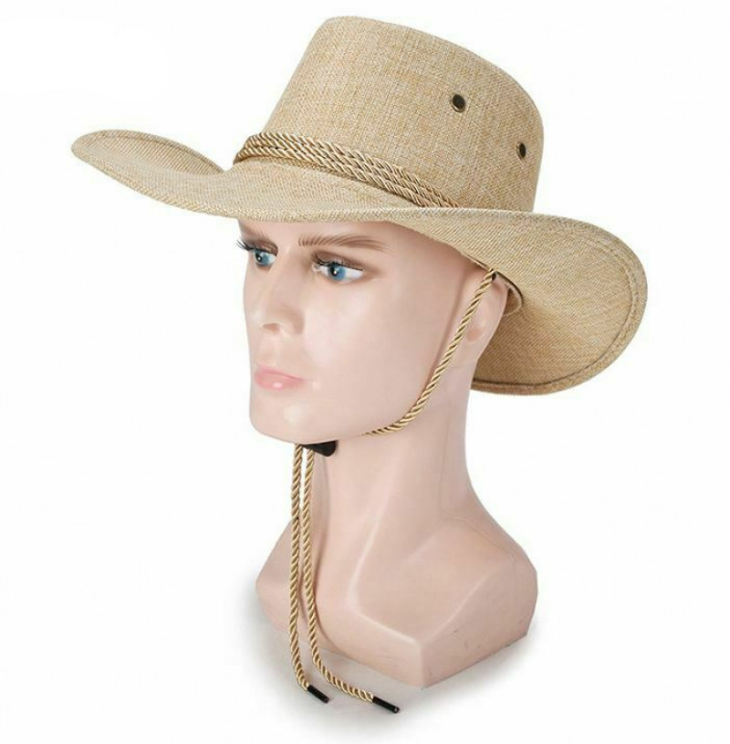 Summer Sun Bucket Cap Western Cowboy Hat Fedora Linen Solid Straw Wide Brim