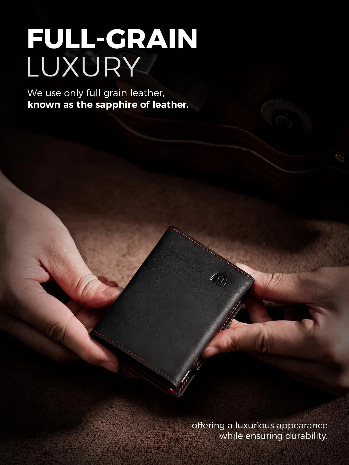 LORZOR Minimalist Leather Wallet – Full Grain Leather, Slim Pop-up Card Case