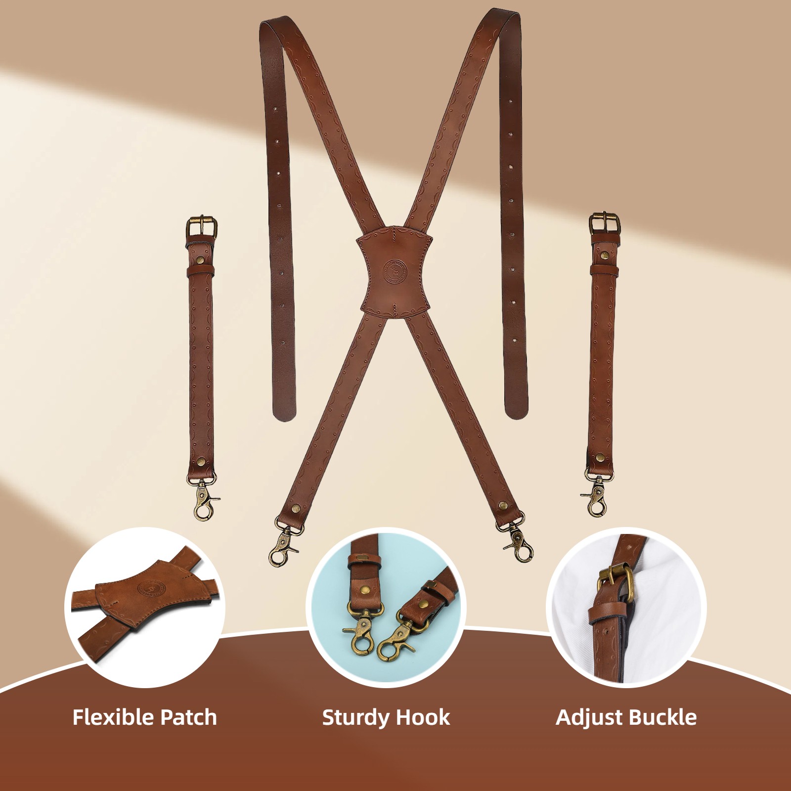 Tourbon Leather Men’s Suspenders X Back Adjustable X-Shaped Hooks Pants Braces