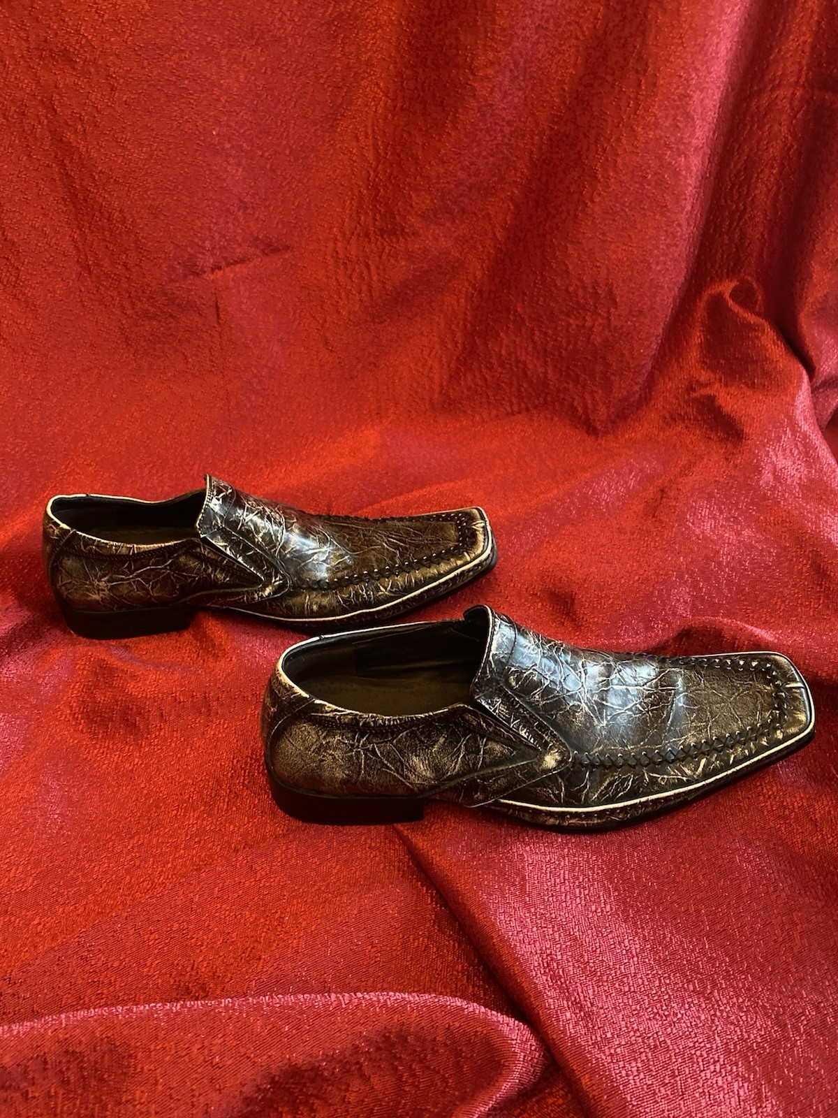 STACY ADAMS Thick Stitch Sq. Toe Slip On Loafer Black Marble Leather Sz 7.5 VTG