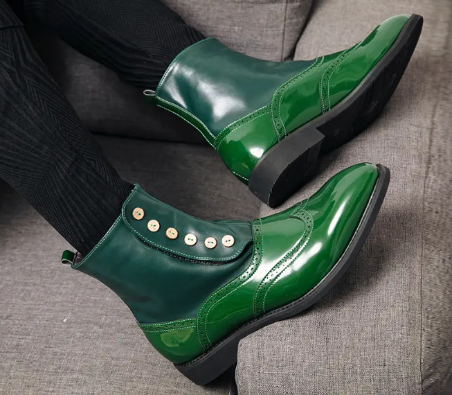 Shiny Green Men’s Pointy Toe Ankle Boots High Top Casual Fashion Shoes Punk