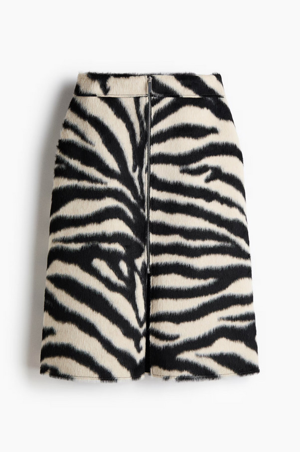 H&M Zip-Front Napped Finish Skirt Black Zebra Print 1322799004 XS,S,M,L,XL,XXL