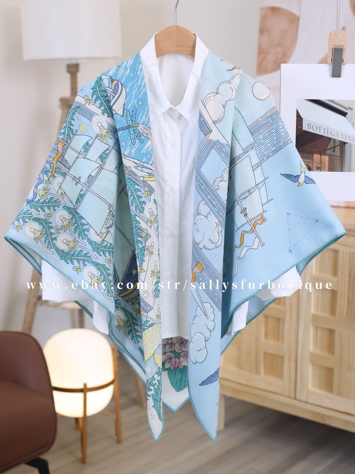 Sallys 70% Cashmere & 30% Silk Wrap Scarf Boat Print Double Face Shawl 53″ Blue