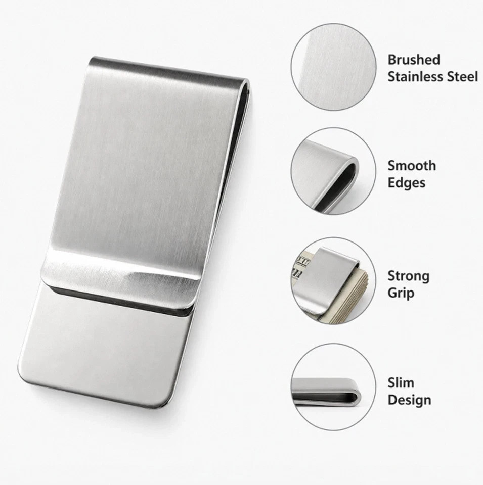 2 Pack Stainless Steel Money Clip Slim Silver Cash Holder Pocket Bill Clip