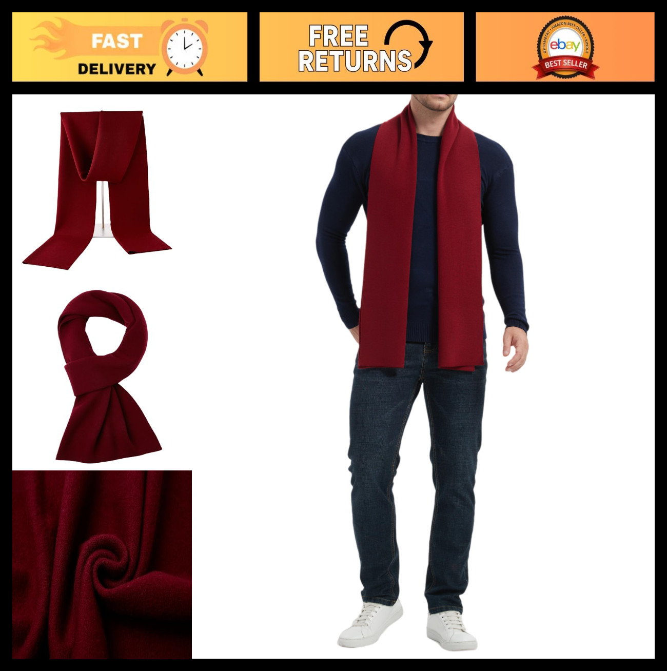 Soft Warm Cashmere Scarf for Men – Stylish Long Winter Scarf, Solid Color