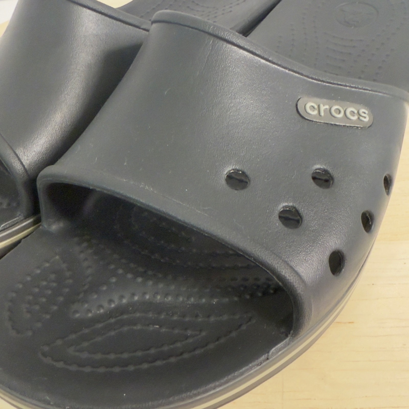 Crocs Unise Bayaband Slides Sandals White Stripe Logo Slip-On Women 12 Men 10