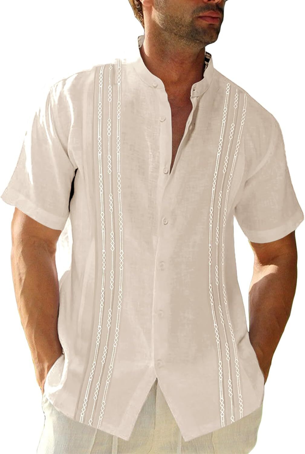 Mens Guayabera Shirt Linen Cotton Embroidered Short Sleeve Cuban Wedding Beach