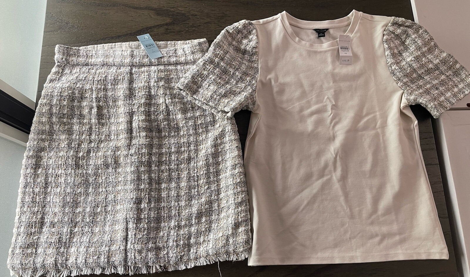 NWT Ann Taylor Beige White Combo Shirt XS And Plaid Sz 2 Tweed Skirt