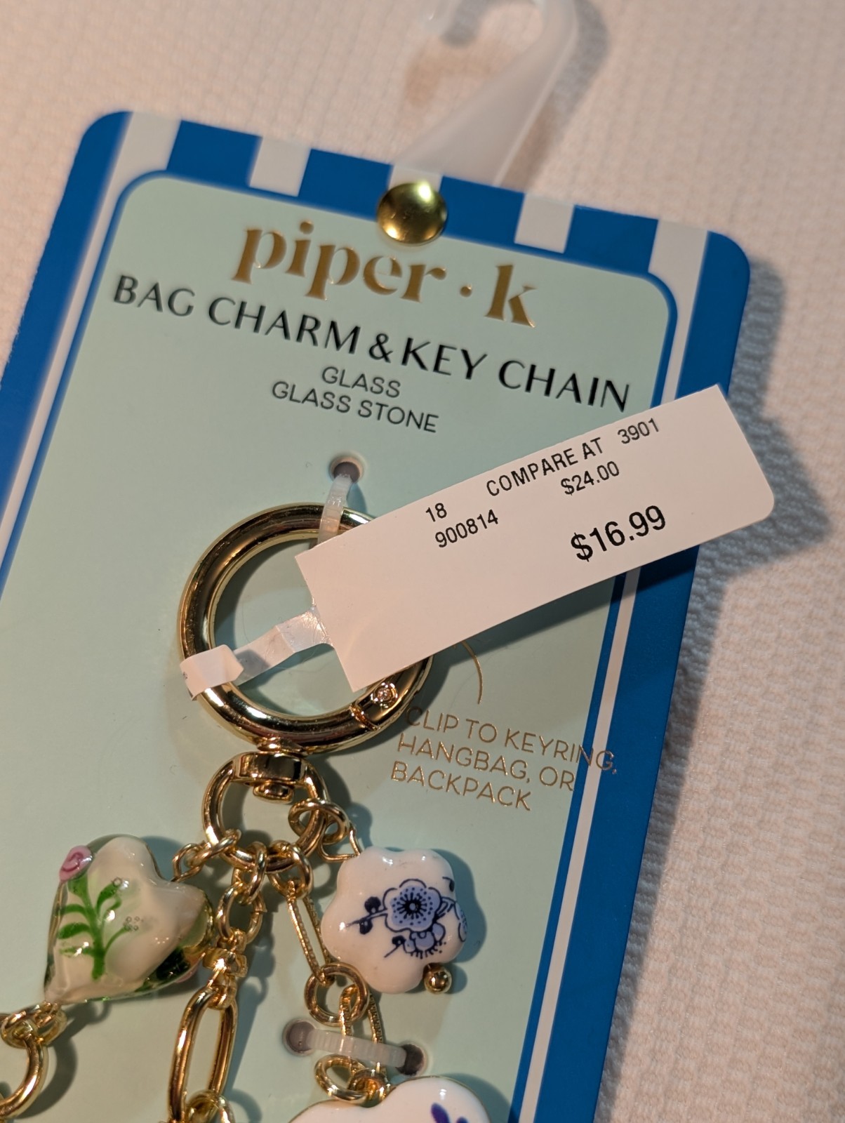 NWT PIPER K BAG CHARMS AND KEYCHAIN GLASS GLASS STONE CLIP BACKPACK HANDBAG SAFE