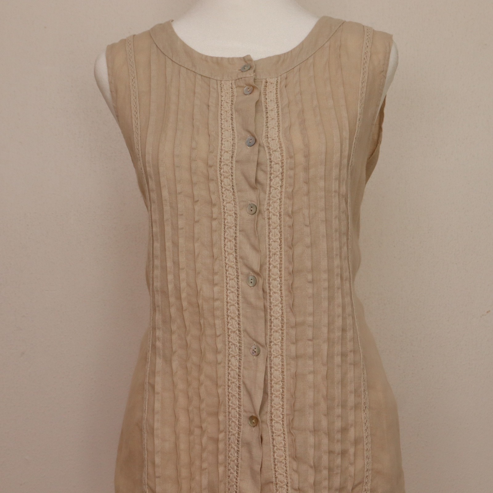 Lina Tomey Made in Italy Women’s Large Slevless Blouse 100%Linen 95%Cotton Beige