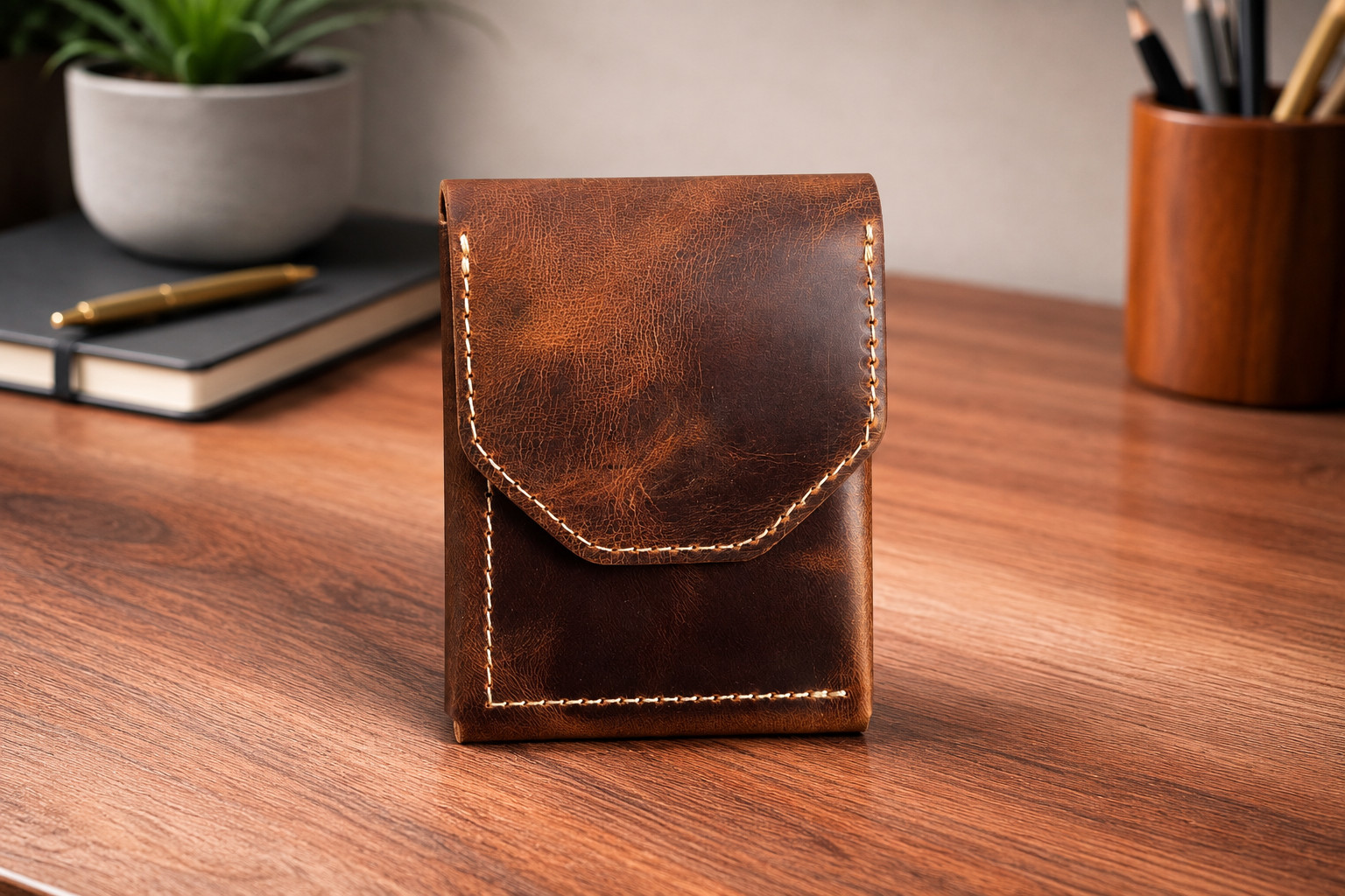 Leather Cash Wallet for Men, Slim Front Pocket Card Holder, Handmade Minimalist