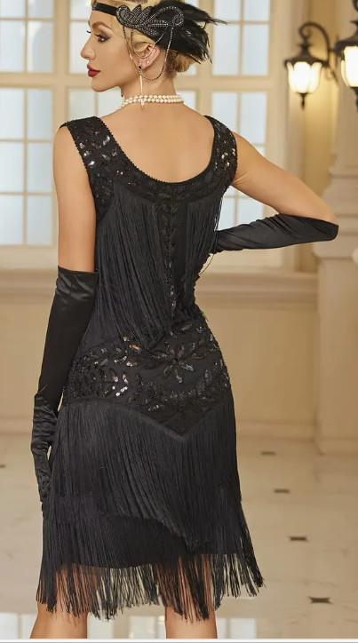 FLAPPER 1920s DRESS-Fringed, Sequined, Black Tank Dress, Vintage Style Sleeveles