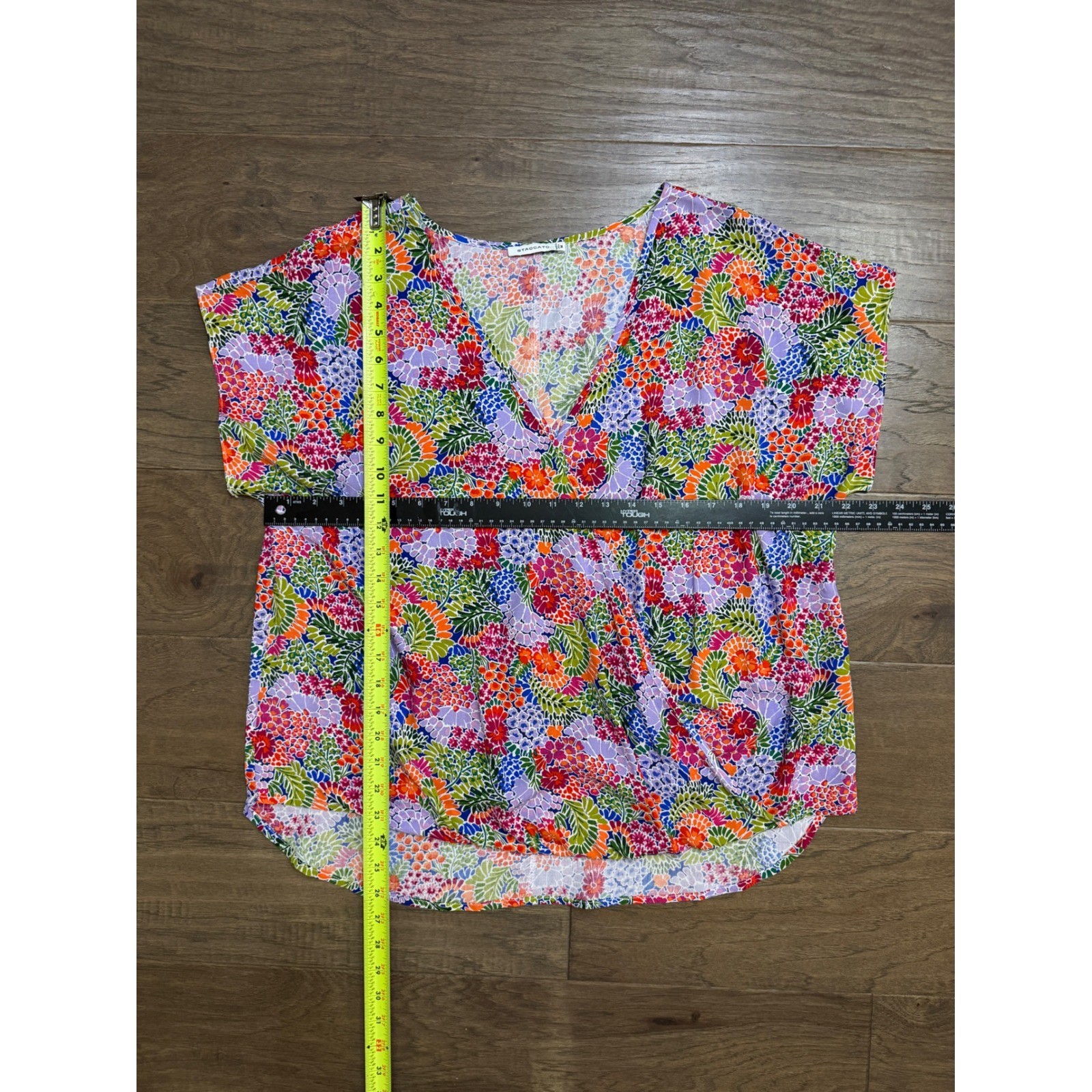 Staccato Womens Floral Surplice V-Neck Rayon Blouse Multicolor Short Sleeve M