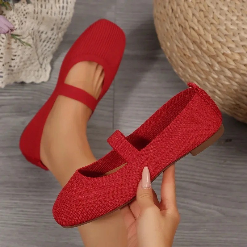 Women Knitted Ballet Flats Mary Jane Strap Shoes 2025 Anti Slip Casual Loafers