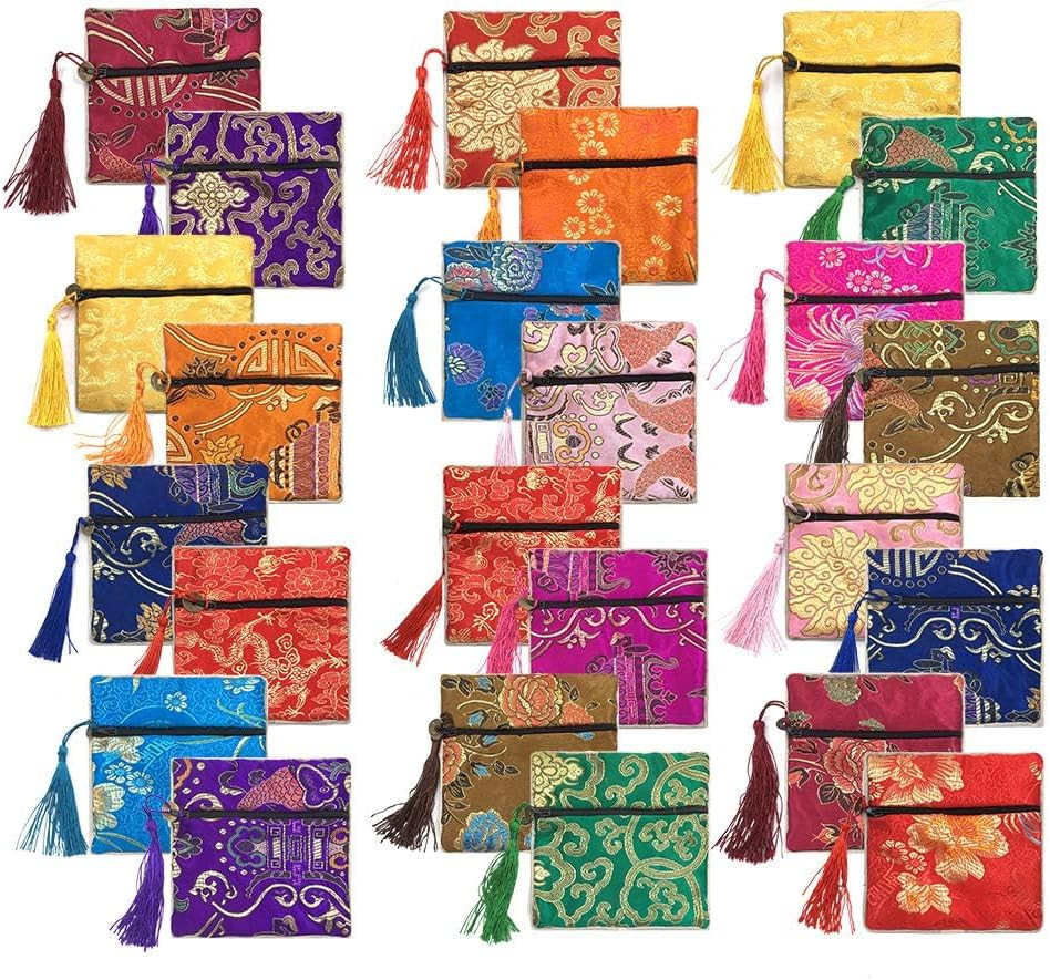 24Pc Chinese Silk Brocade Coin Purse Embroider Jewelry Bag Zipper Wallet Pouch