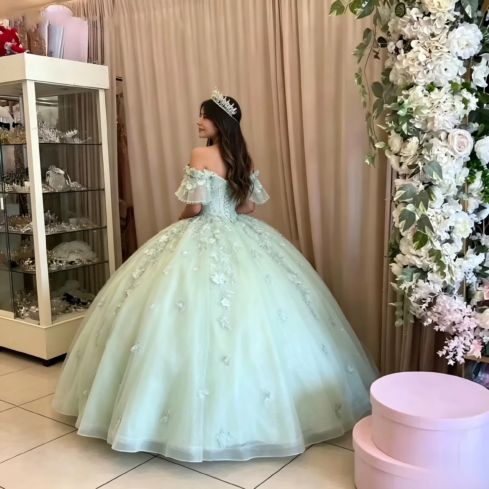 Mint Green Off Shoulder Floral Quinceanera Gown Puff Sleeve Tulle Ball Gown