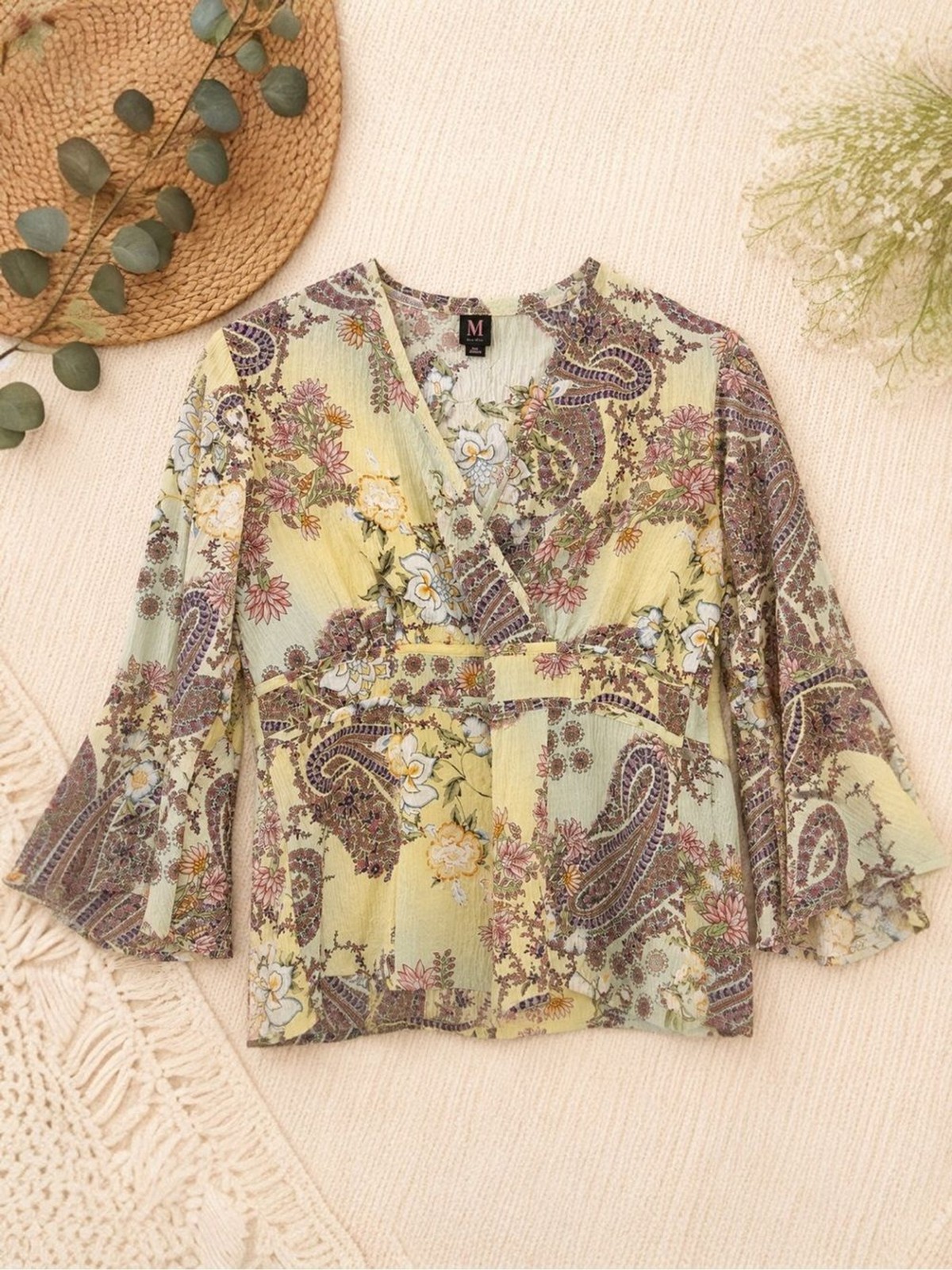 Milano Boho Paisley Floral Crinkle V-Neck Bell Sleeve Blouse Size Small