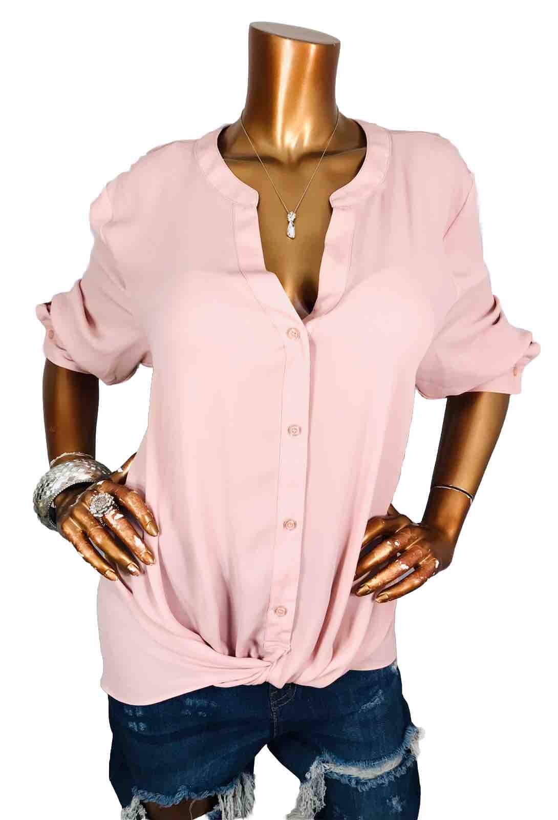 INC XXL Top NWT $59 Twisted Hem Front Button Up Shirt Blouse Low V Cut Long Slvs