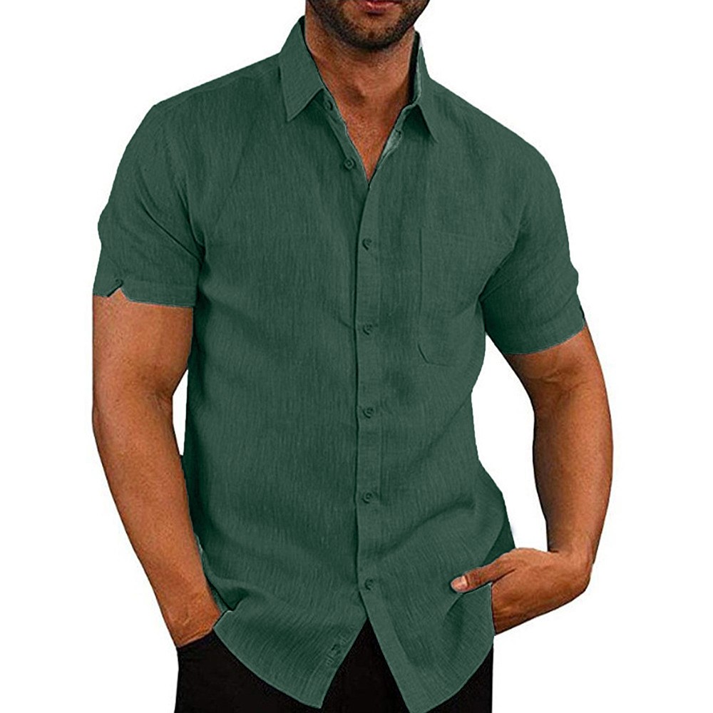 Mens Solid Short Sleeve Button Turn Down Collar Casual Blouse Casual T-shirt Top