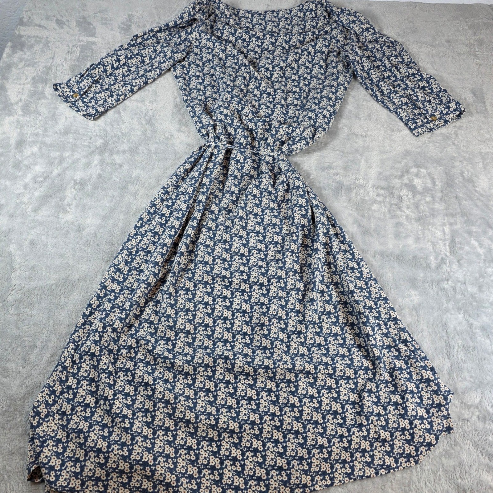 In April 1986 Womens M/L Blue Floral Wrap Midi Dress 3/4 Sleeve V-Neck