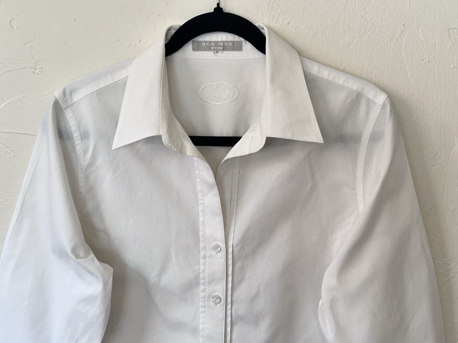 Foxcroft White Blouse/Top Cotton Blend Long Sleeves Fitted Buttons