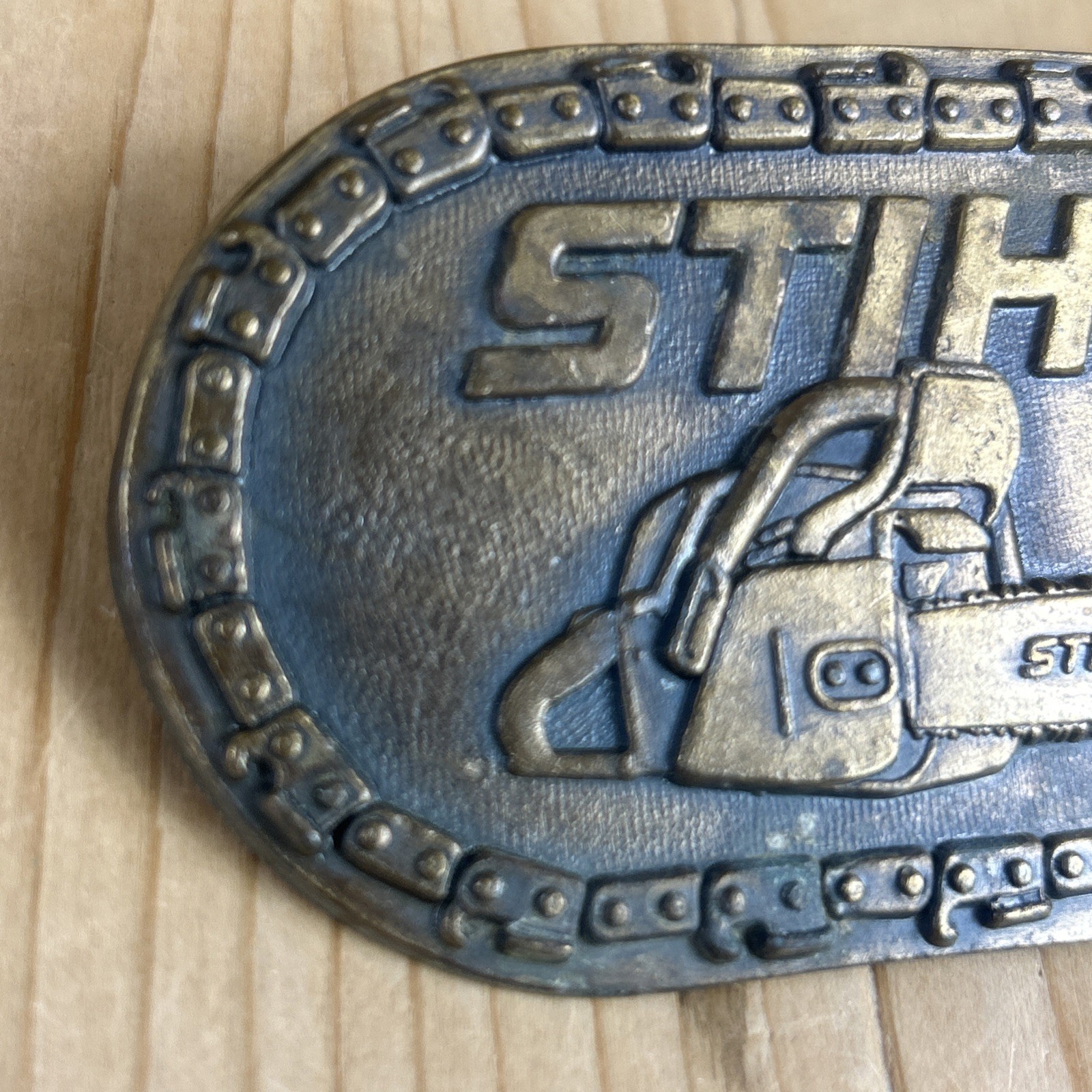 STIHL Chainsaw Belt Buckle Brass Chain Border Vintage 1980s