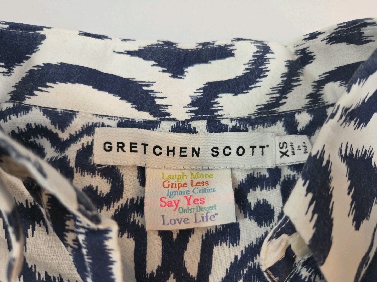 Gretchen Scott Blouse Blue White Swirl Button Up 3/4 Sleeve Size XS