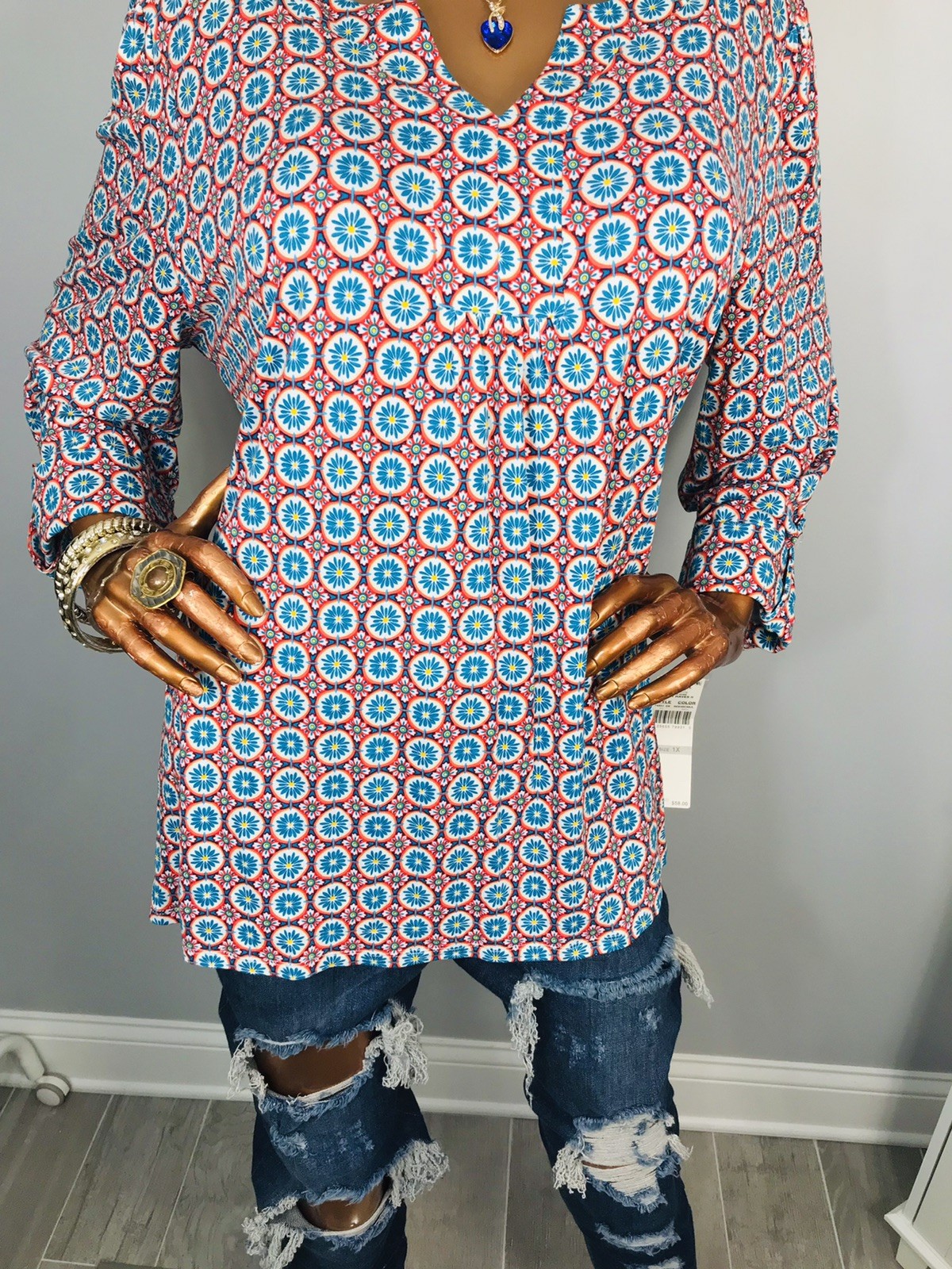 Ruby Rd. 1X Plus Top NWT $58 Stretch Low Cut Floral Geometric Prints Blouse 3/4
