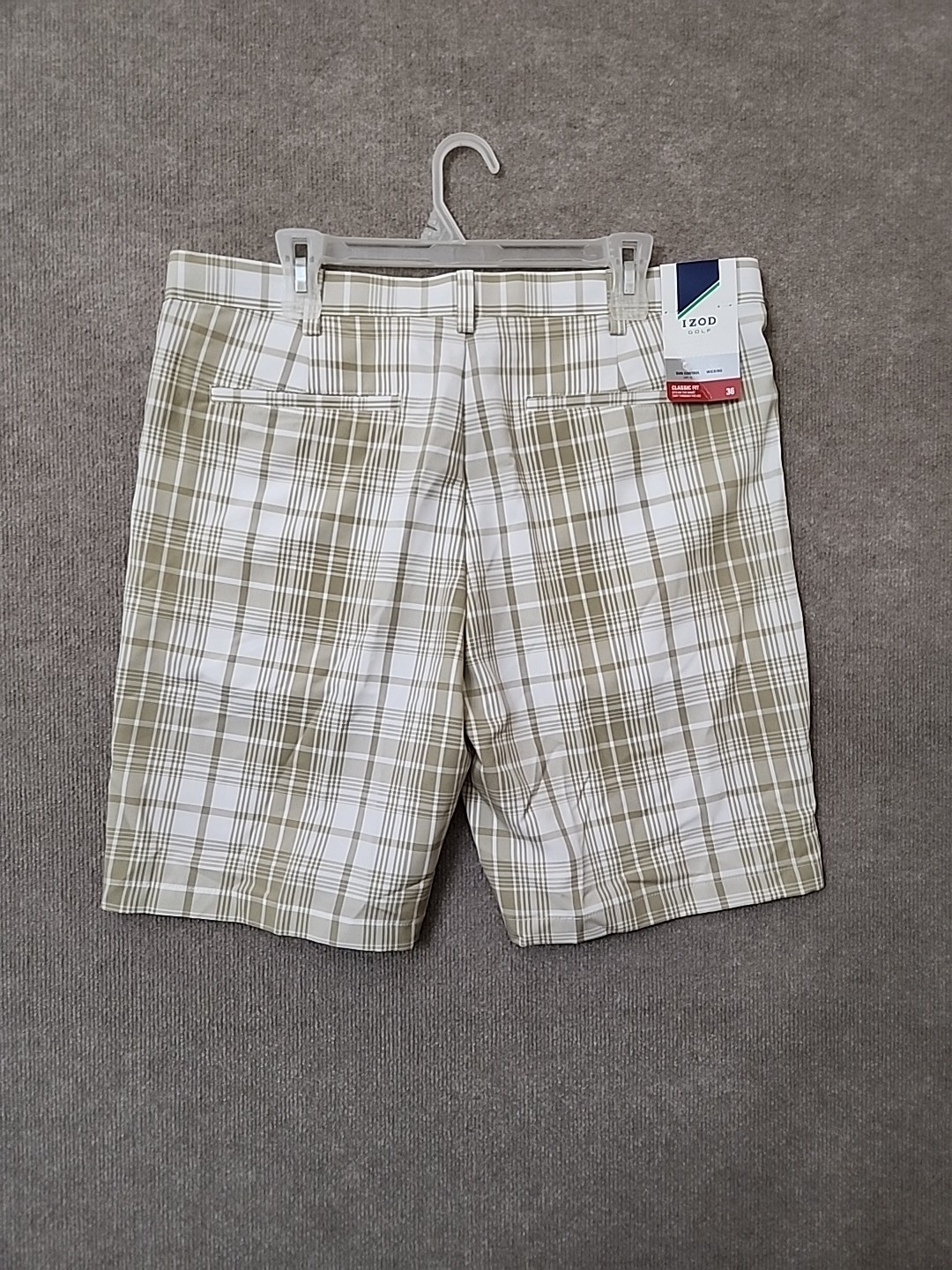 IZOD Golf Shorts Mens 36 Beige White Plaid Stretch UPF 15 Lightweight NEW
