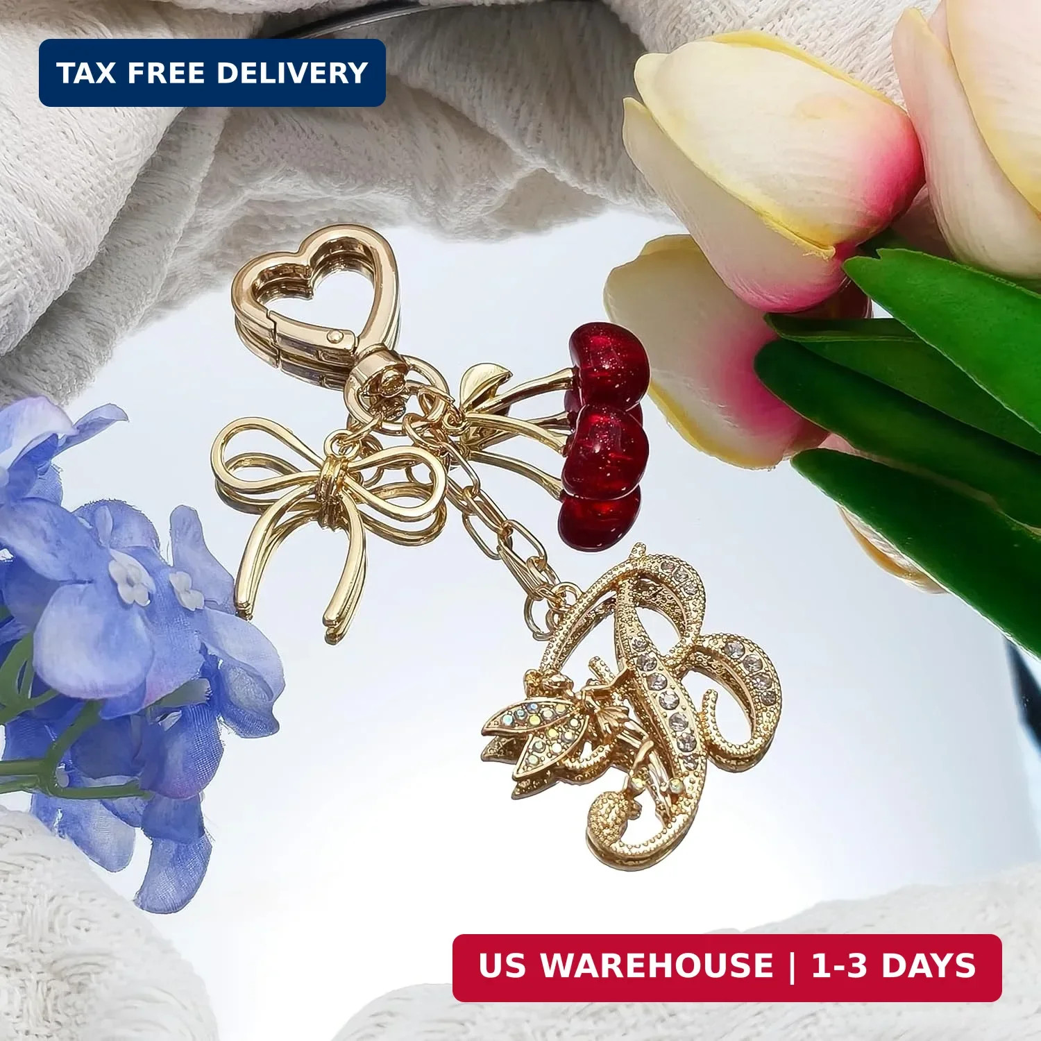 Initial Keychain with Bow and Cherry,Gold Letter Bag Charms for Women,Cute Purse