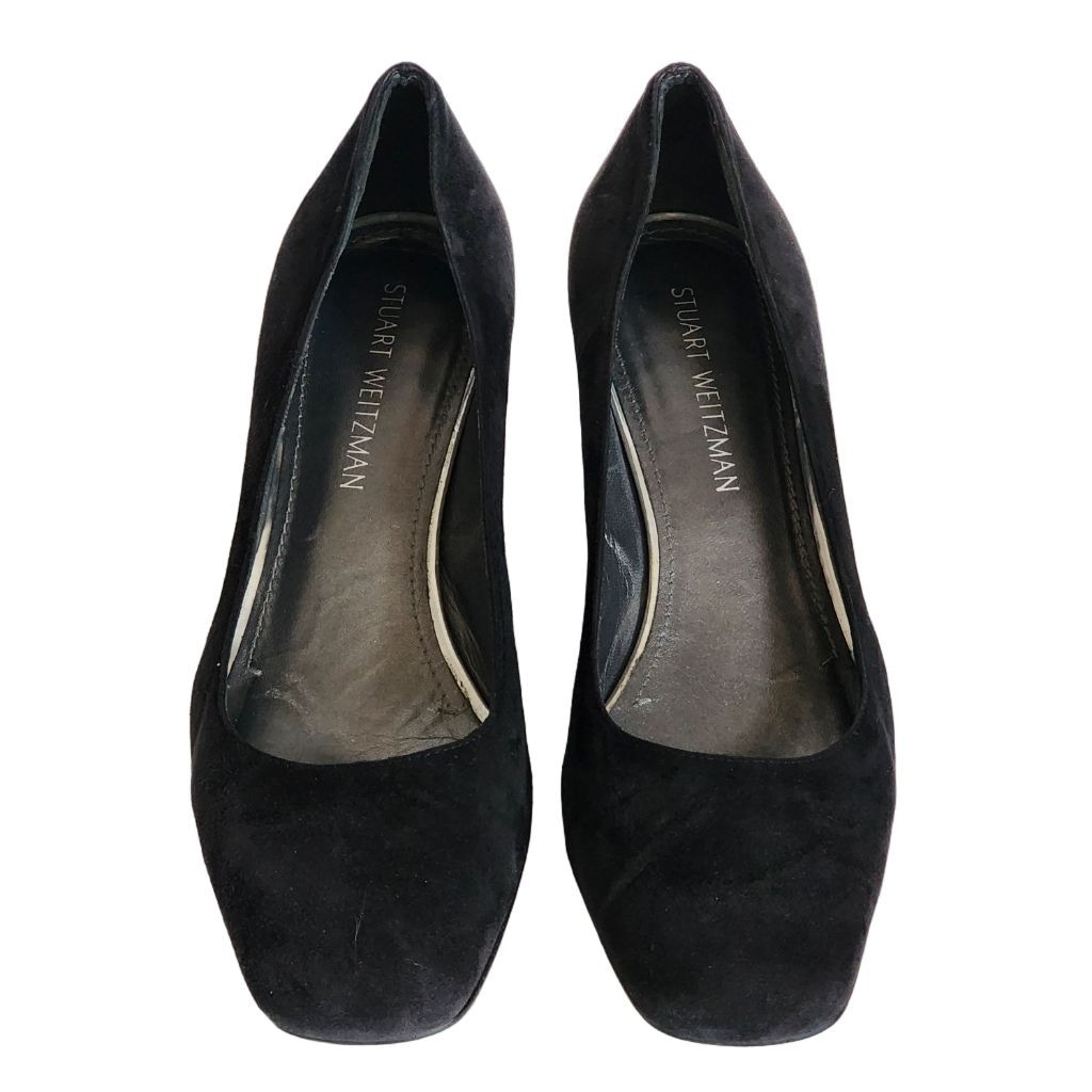 STUART WEITZMAN Mary Black Square Toe Suede Block Heel Pumps Size 10
