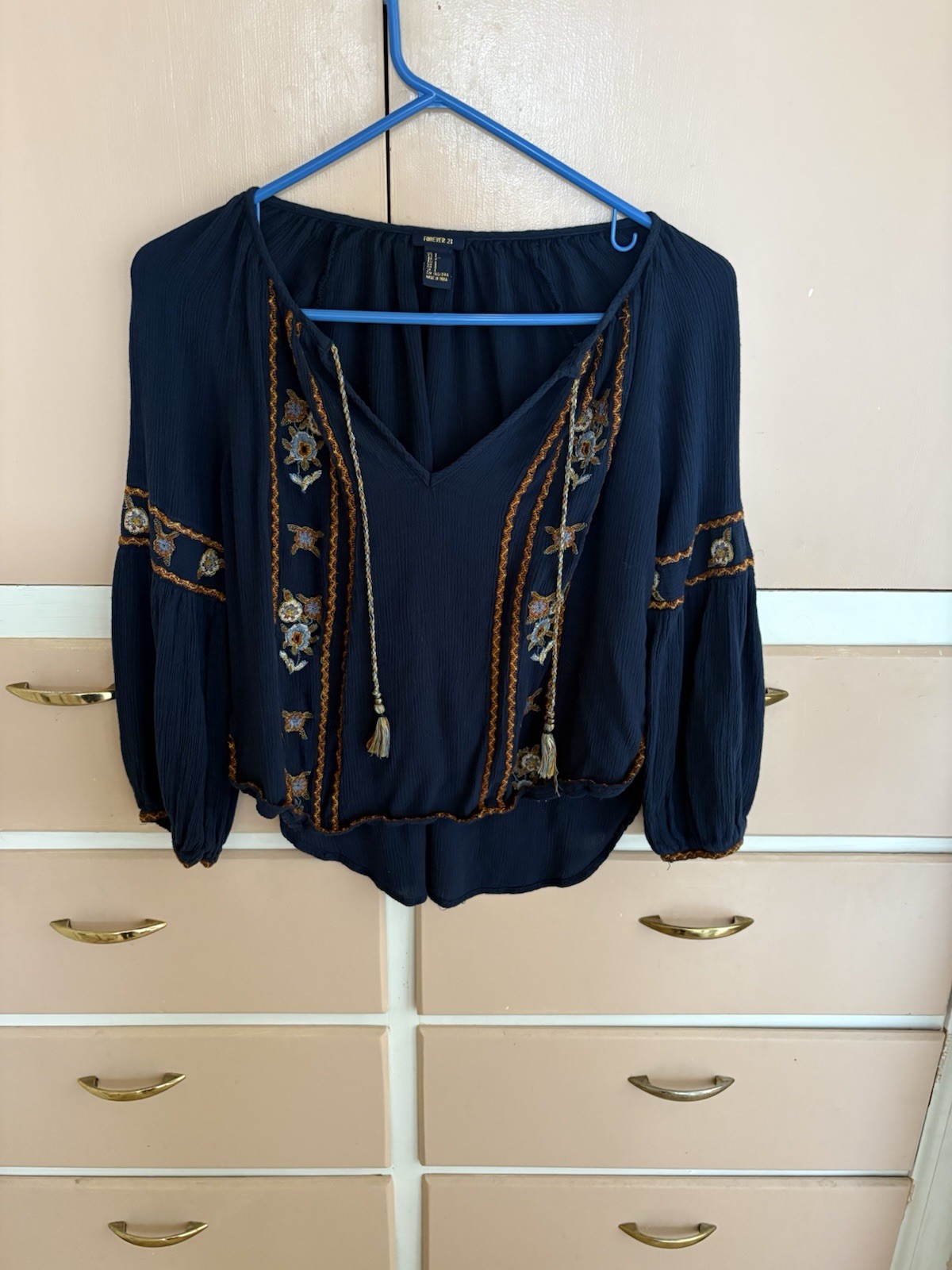 Forever 21 Navy Blue Embroidered Boho Peasant Blouse Size Small