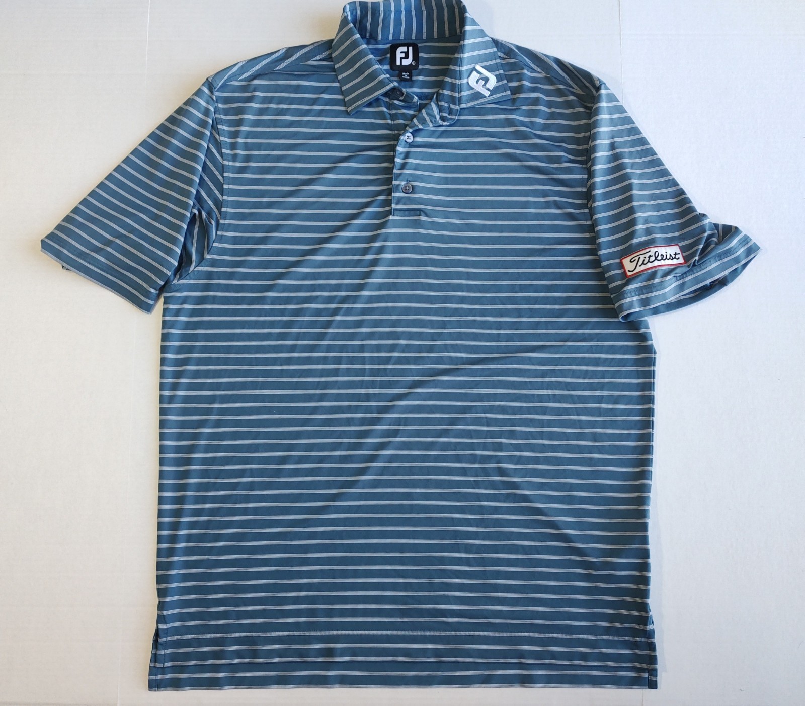 Footjoy Titleist Tour Golf Polo Shirt Mens L Blue Stripe Performance Stretch