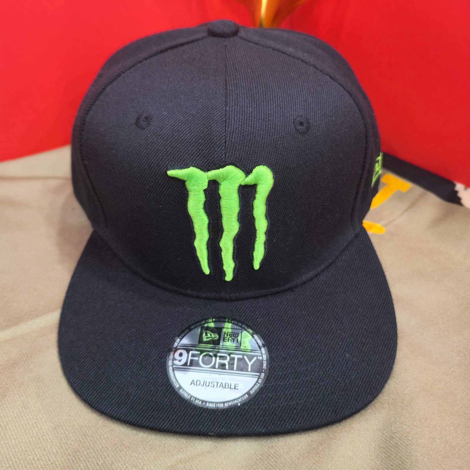 Monster Energy Black Adjustable Flat-Brim Cap with Bright Green Embroidered Logo
