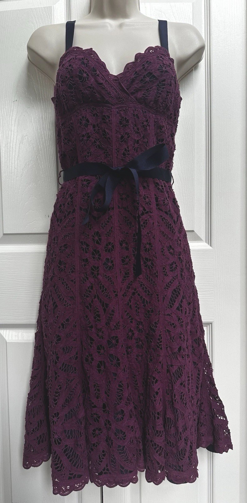 Betsey Johnson 1990s SZ 4 Purple Crochet Lace Overlay Over Navy Silk Navy Trim