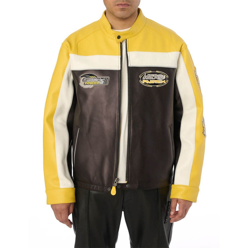 Avirex Racing Leather Jacket Men Super Racer Team Lone Wolf Biker Coat Yellow