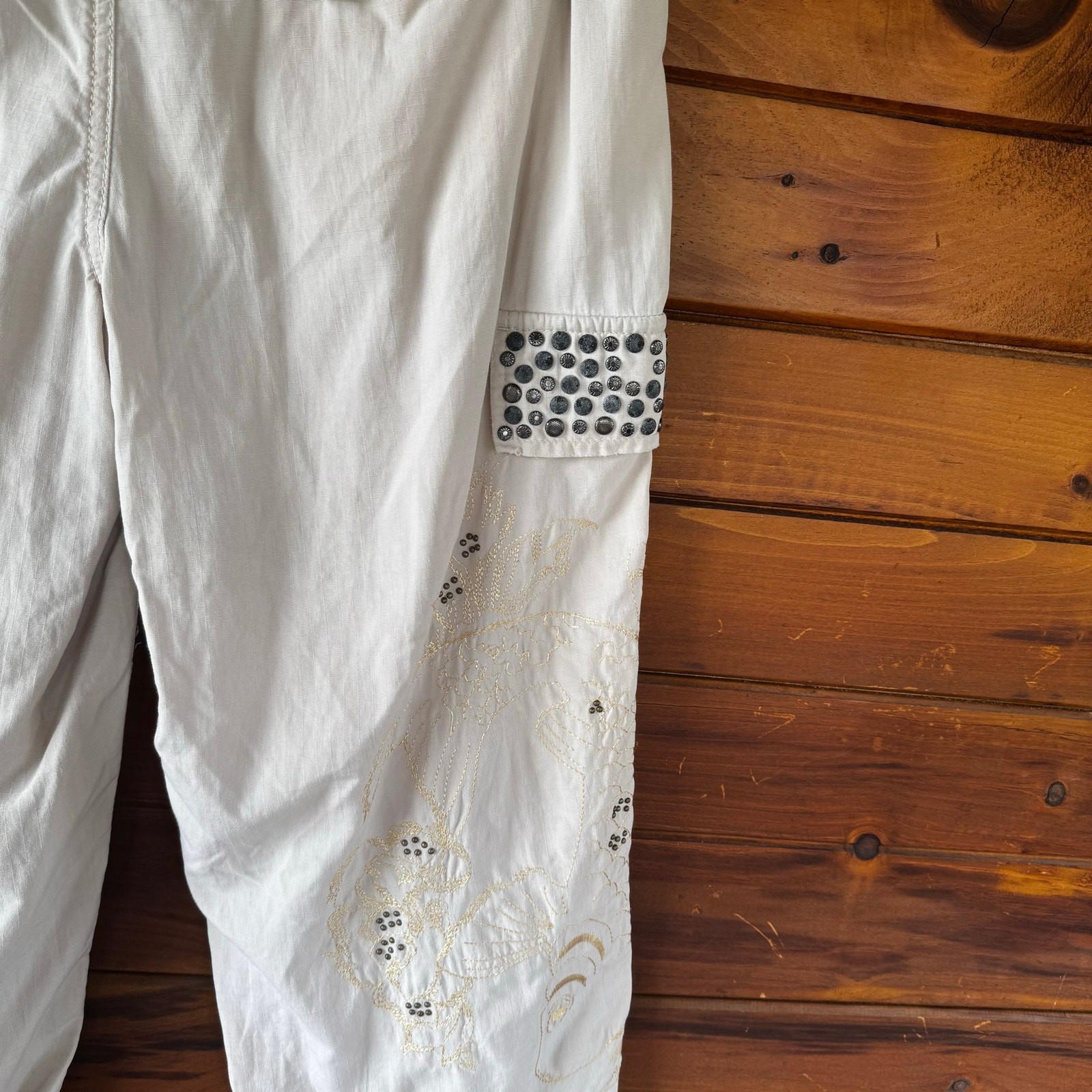 VTG Y2K DANANG Masti Oat Silk Medium Rise Embroidered Cargo Capri Pants Size M