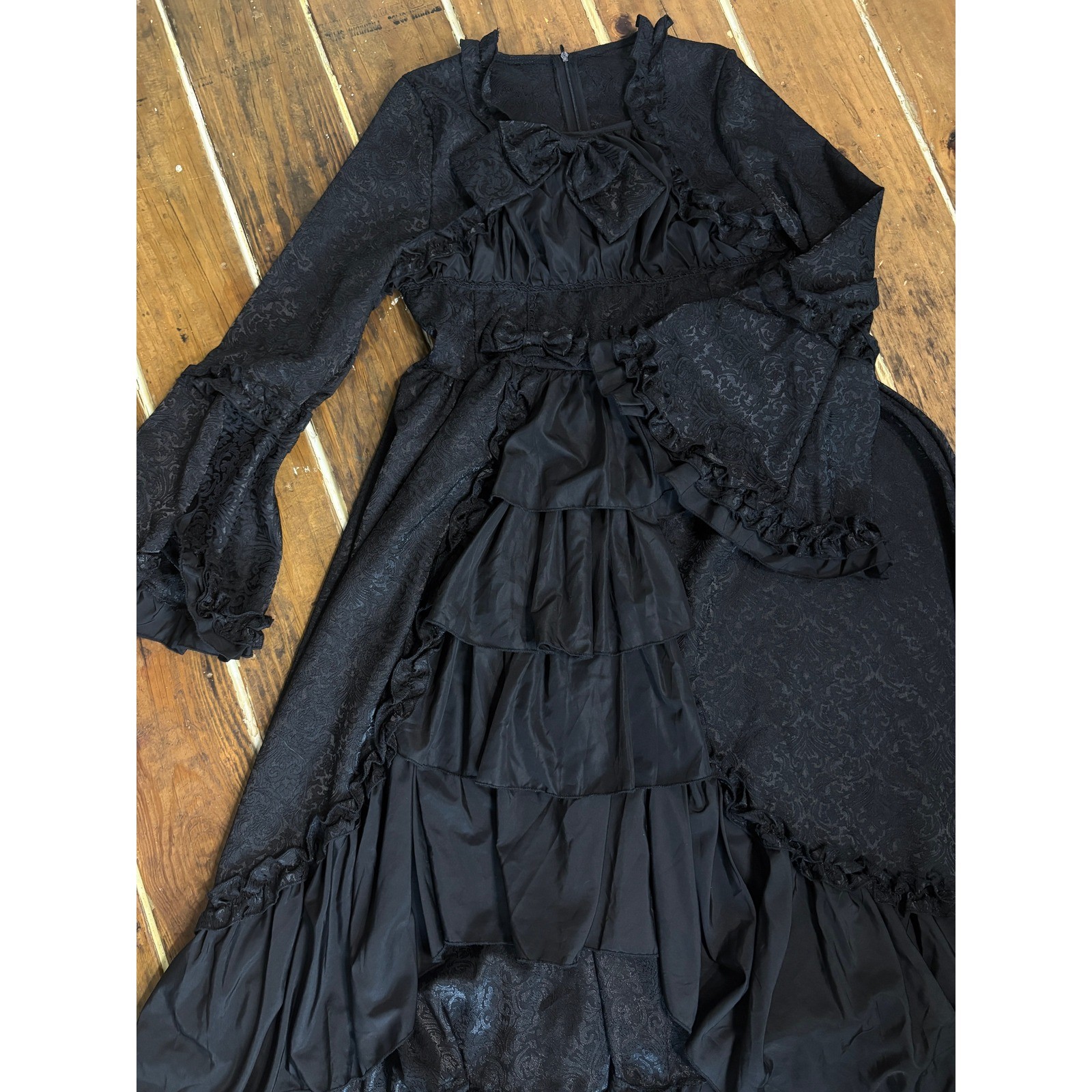 Victorian Black Damask Jacquard High Low Ruffle Bell Sleeve Dress Bows