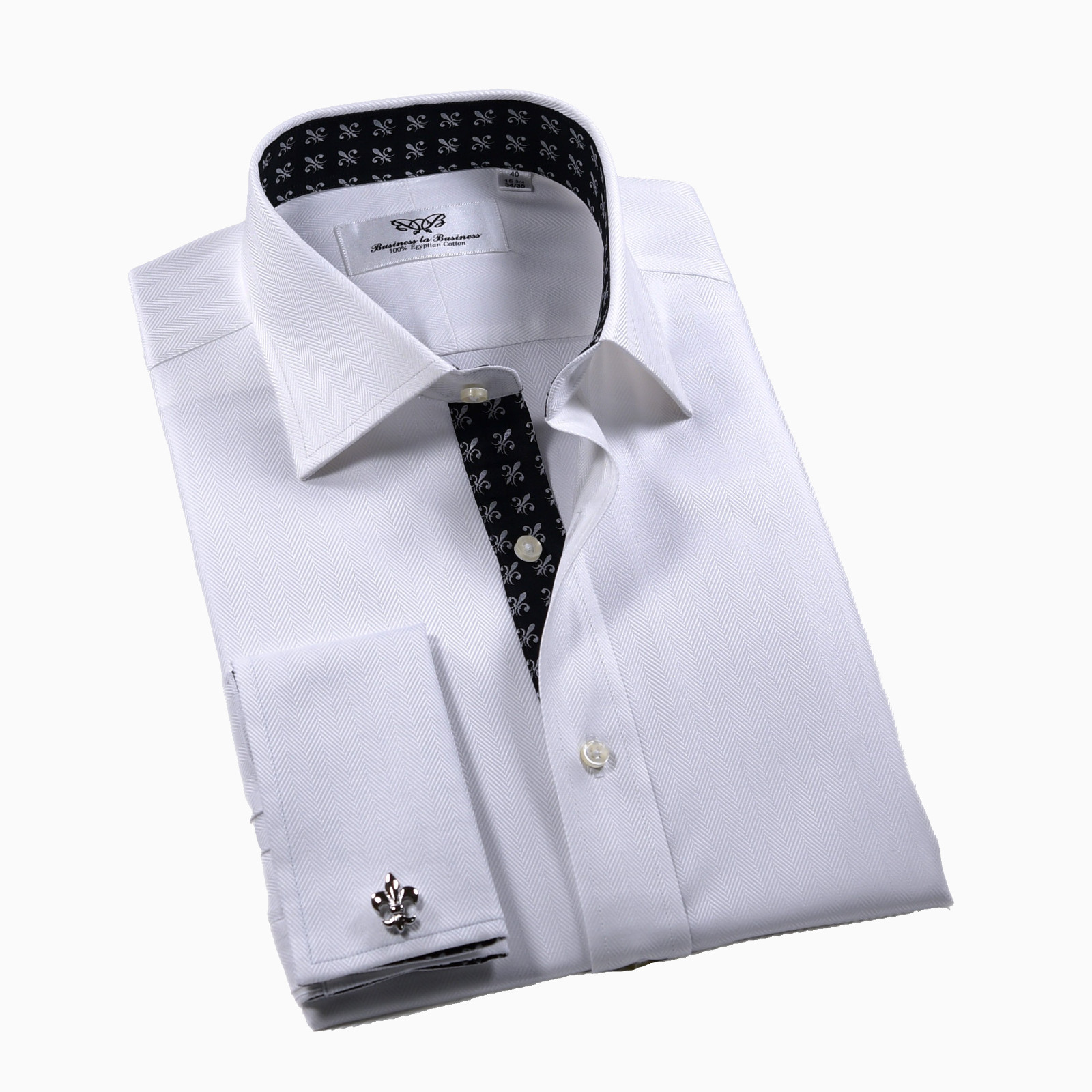 Black Italian Fleur-De-Lis White Heiingbone Twill Men’s Dress Shirt Sexy Floral