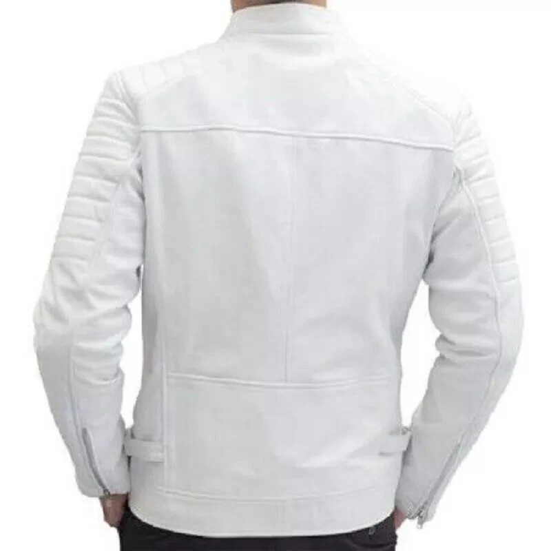 Men White Leather Jacket Authentic Real Lambskin Leather Motorcycle Biker Jacket