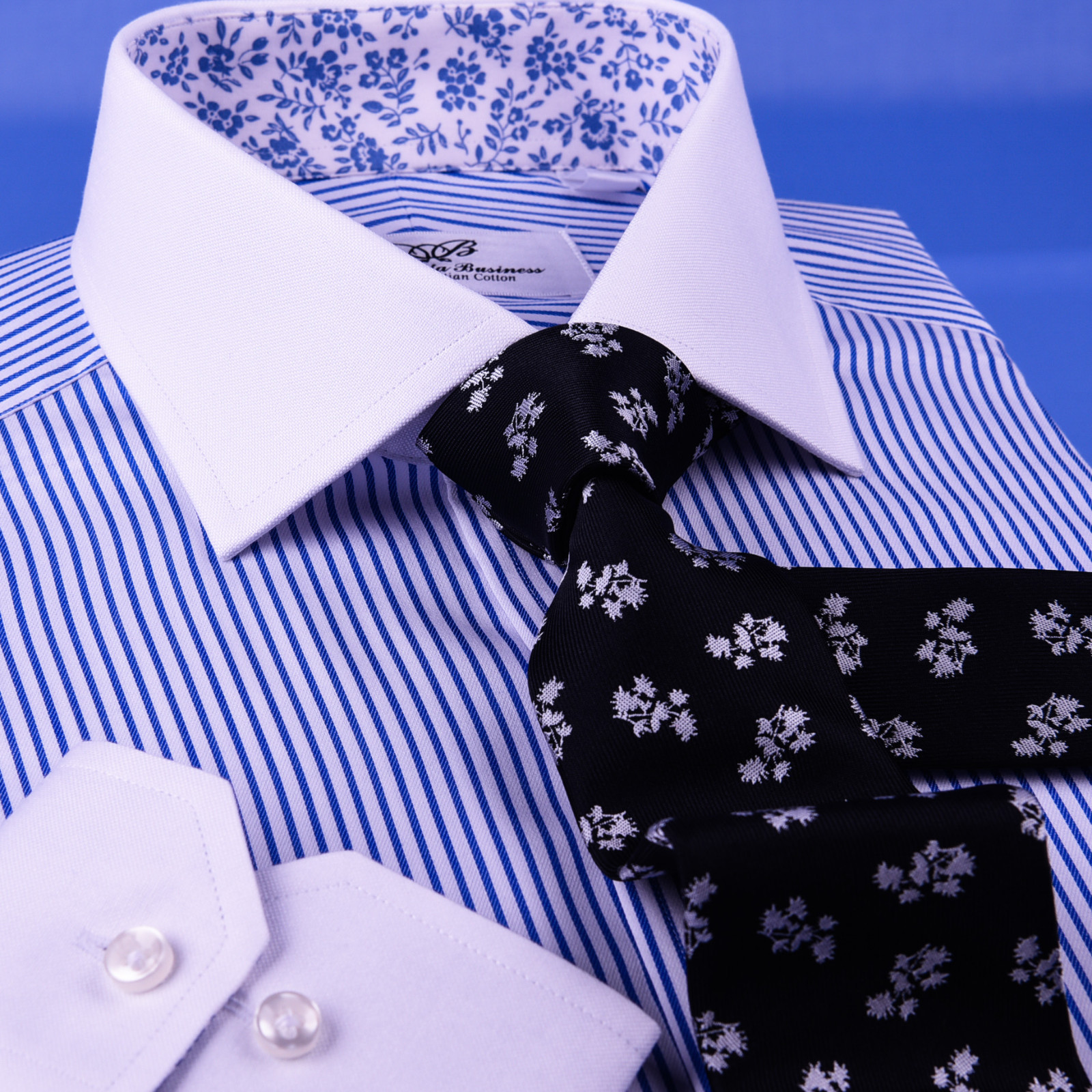 Bright Blue Striped Winchest Contrast Dress Shirt Standard Single Cuff Smart